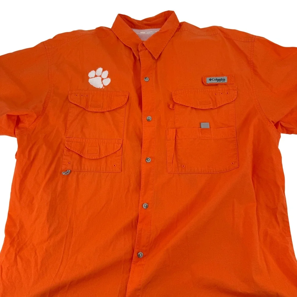 Columbia‎ Clemson Tigers PFG Fishing Shirt Mens XXL Orange Short Sleeve Utility